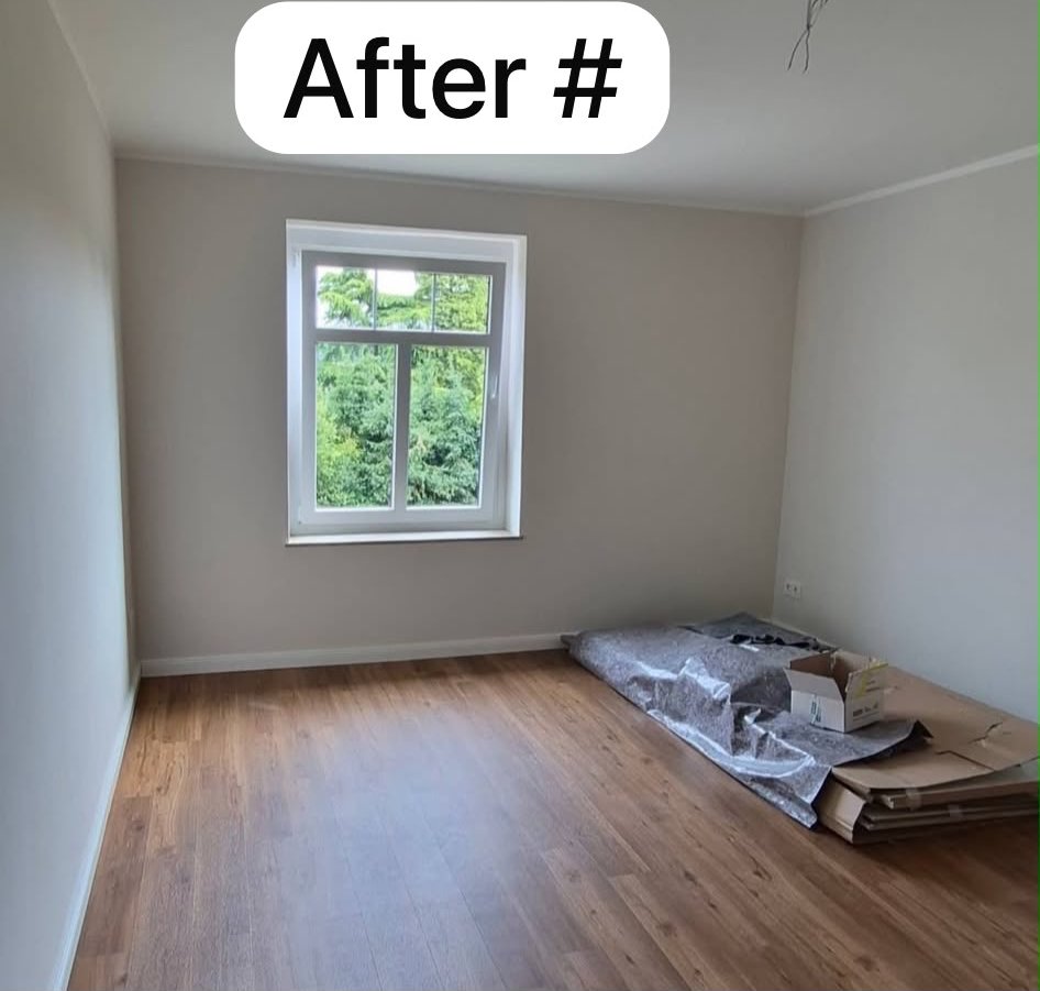 The same bedroom after decorating — smooth painted walls in a warm neutral with white trim